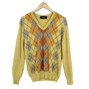 FERRE Sweater V Neck Plaid Knit Jumper Yellow